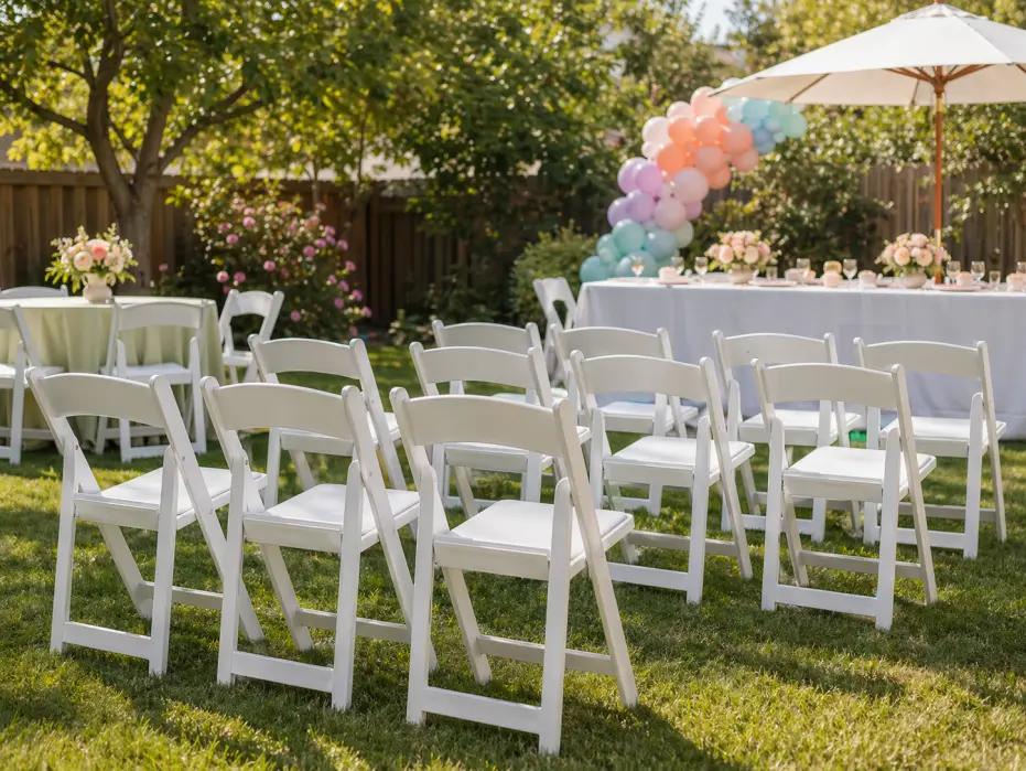 Chair rentals from Lollipop Event Rentals arranged at a backyard party
