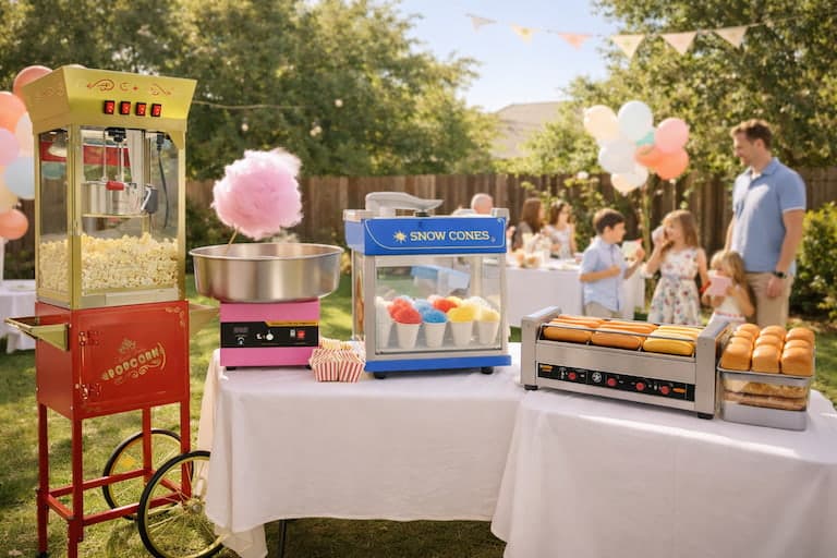Concession machine rentals from Lollipop Event Rentals in Folsom, CA: popcorn, cotton candy, snow cones, and hot dogs