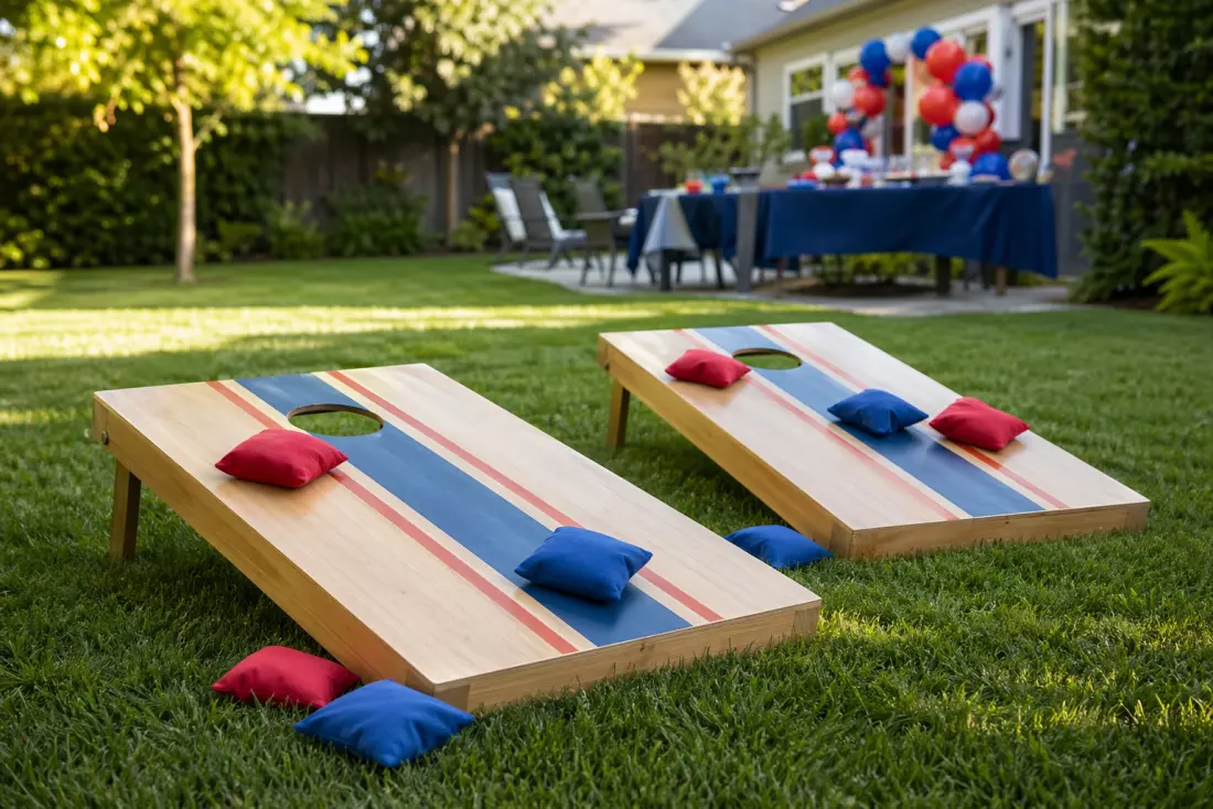 Cornhole board rental from Lollipop Event Rentals at a backyard party in Folsom, CA
