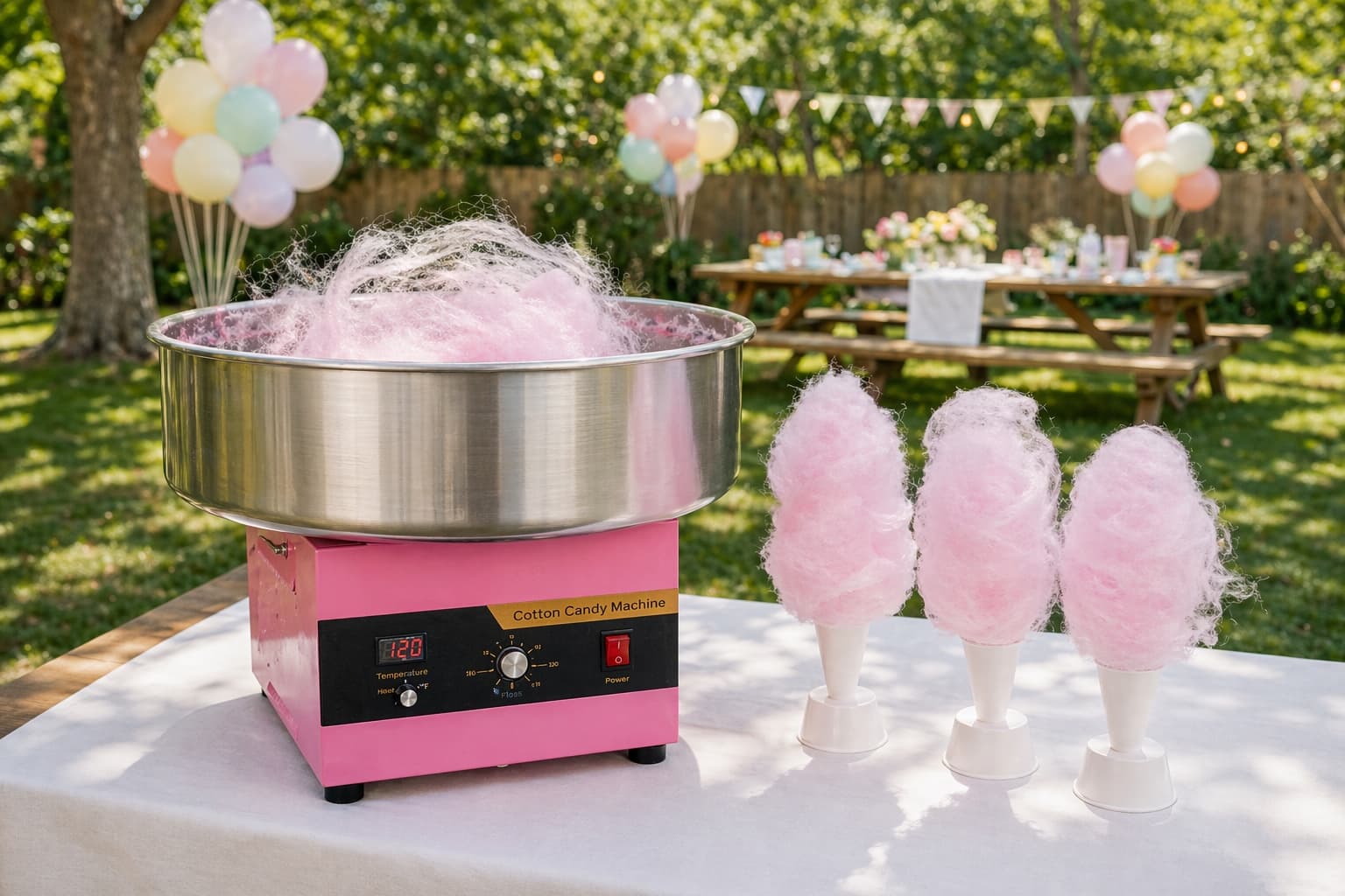 Cotton candy machine rental from Lollipop Event Rentals spinning fresh cotton candy at a kids' birthday party