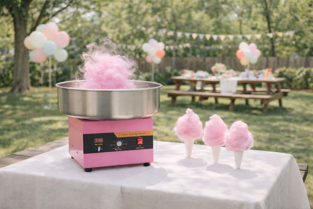 Cotton candy machine rental from Lollipop Event Rentals spinning fresh cotton candy at a kids' birthday party