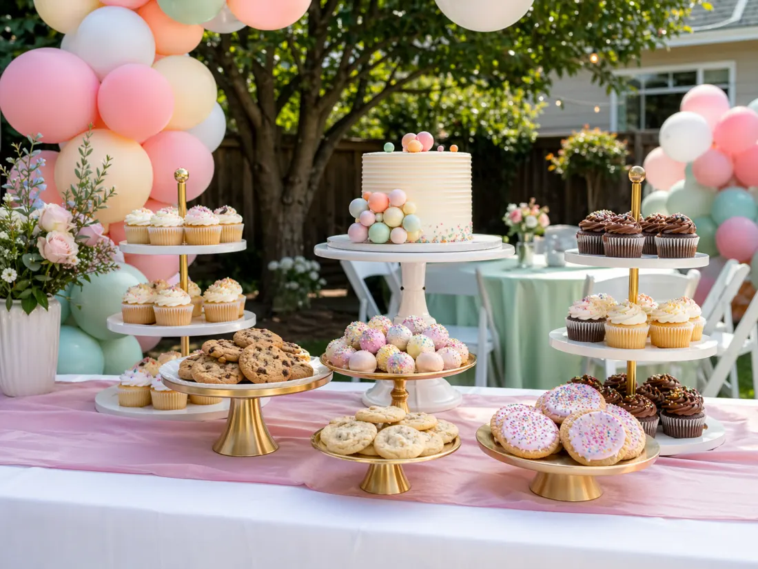 Dessert display setup rental from Lollipop Event Rentals showcasing cupcakes and treats at a birthday party