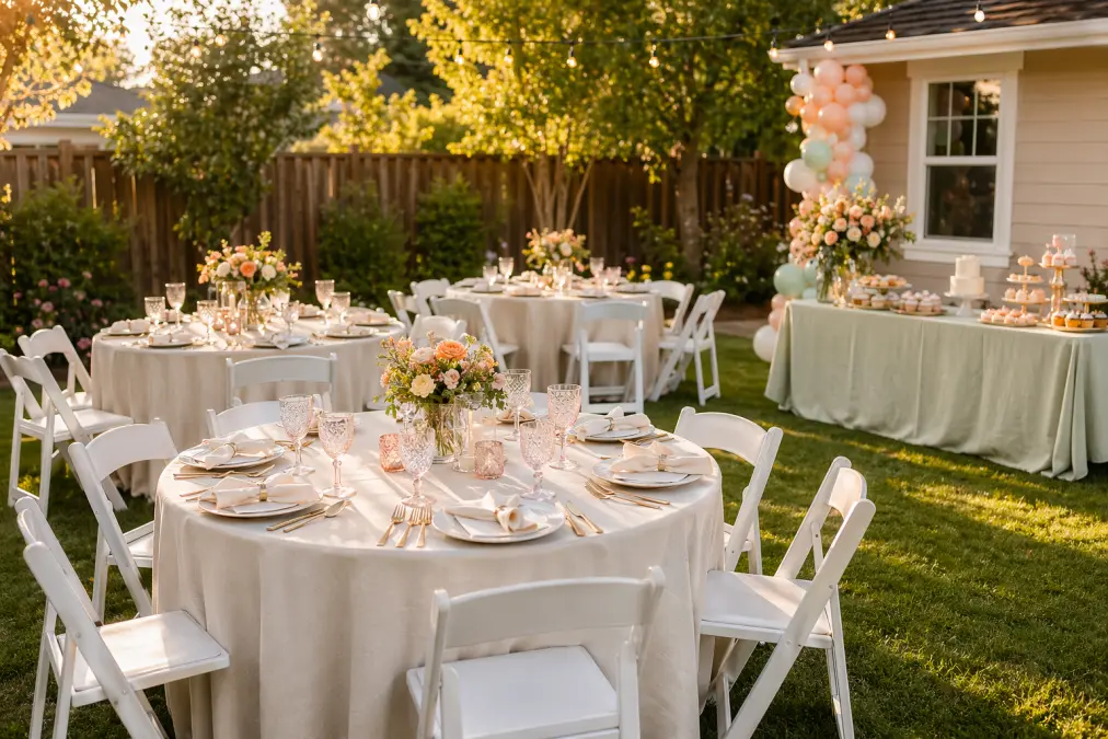 Stylish table and chair rental setup with dessert display from Lollipop Event Rentals at a backyard party in Folsom, CA