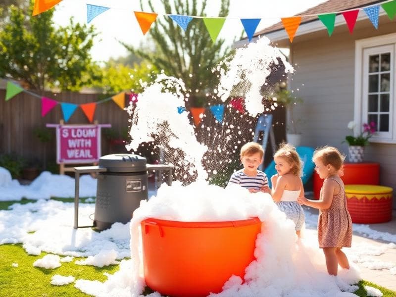 Kids playing in a foam party setup from Lollipop Event Rentals at a backyard birthday party in Roseville, CA