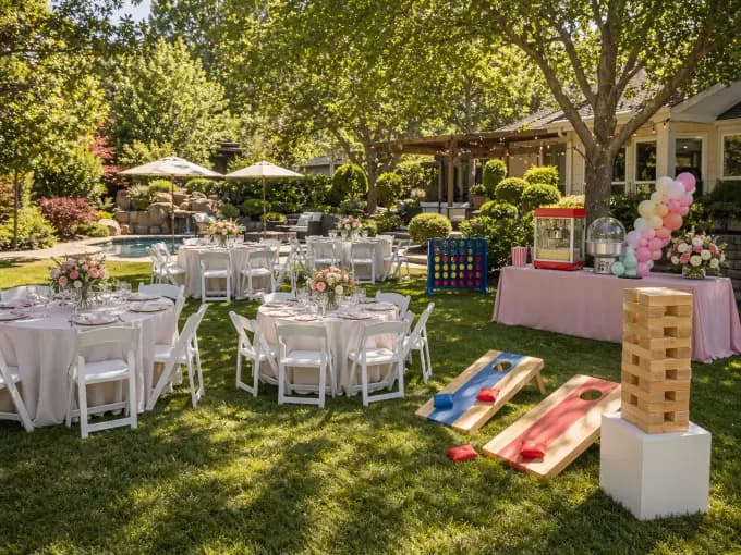 Event rental setup in a Granite Bay backyard with tables, chairs, and yard games