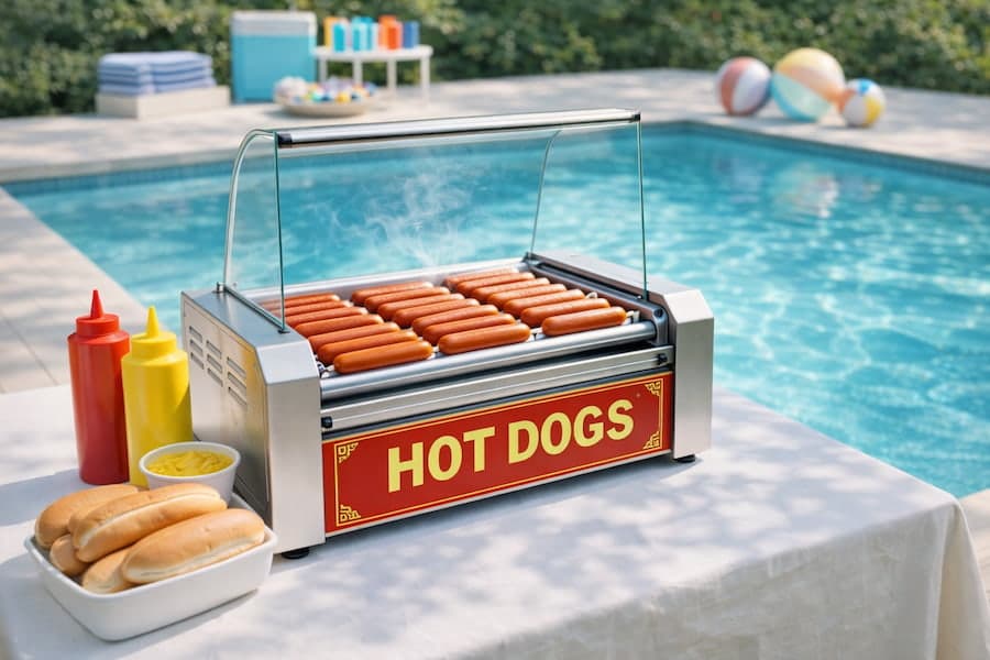 Hot dog roller rental from Lollipop Event Rentals serving fresh hot dogs at a backyard event in Roseville, CA