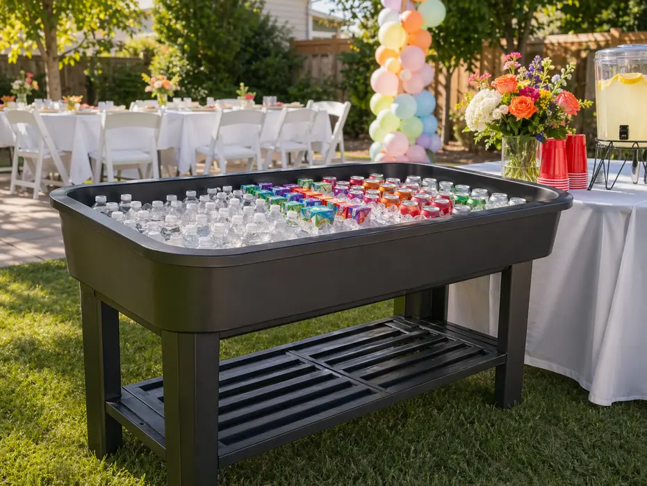Ice beverage table rental from Lollipop Event Rentals keeping drinks cold at a summer party in Sacramento
