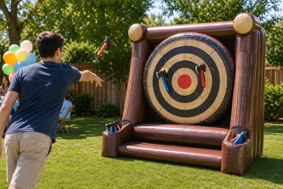 Inflatable axe throwing game rental from Lollipop Event Rentals, safe and fun for parties in Folsom, CA