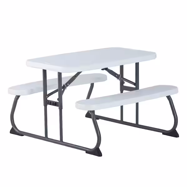 White kids folding picnic table rental with built-in bench seating