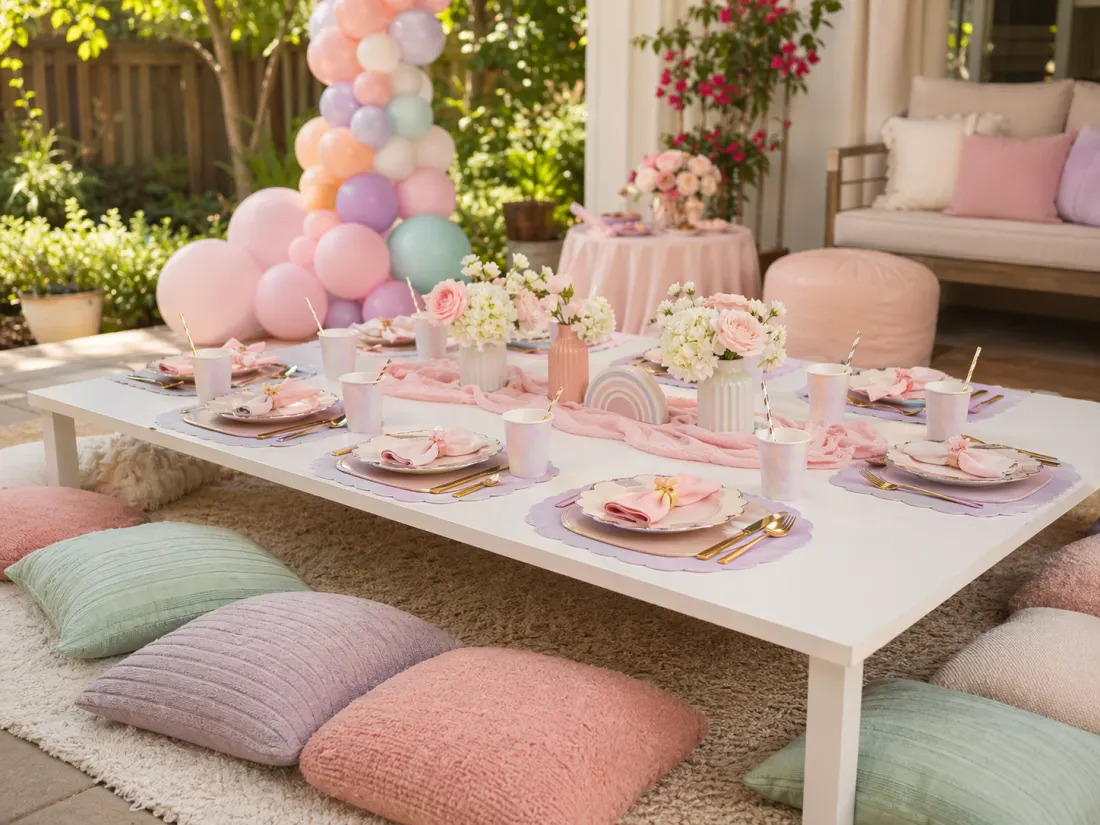 Low floor table rental from Lollipop Event Rentals styled for a kids' party setup
