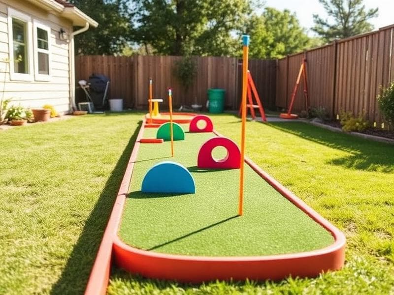 Portable mini golf course rental set up in a backyard for a party from Lollipop Event Rentals in Roseville, CA