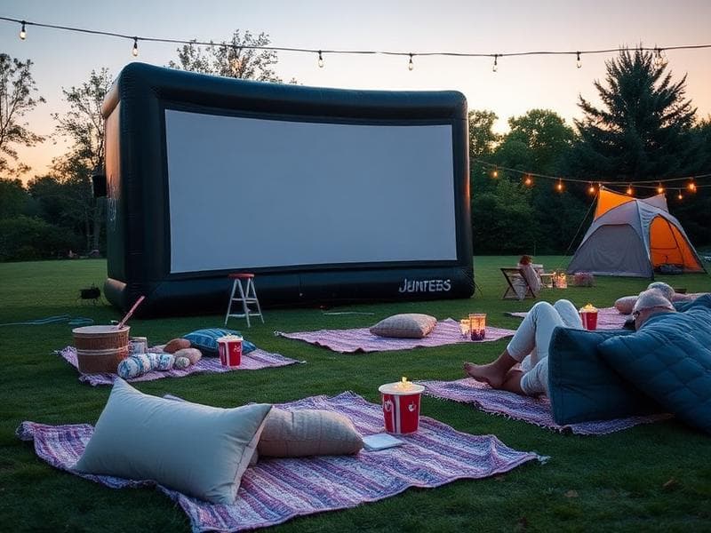 Backyard movie night setup with projector screen and cozy seating from Lollipop Event Rentals in Roseville, CA