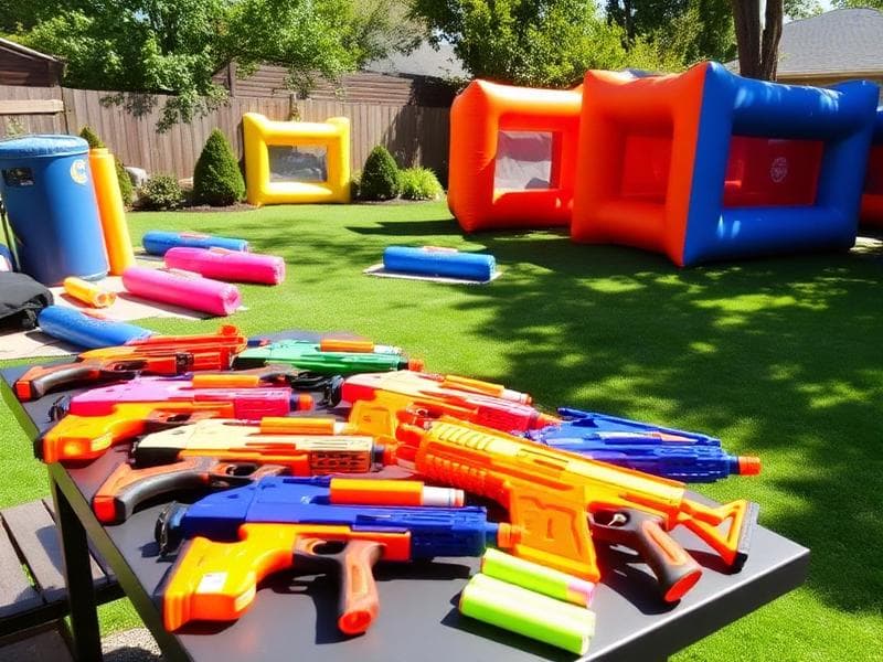 Kids in a nerf war party with blasters and inflatable bunkers from Lollipop Event Rentals in Roseville, CA