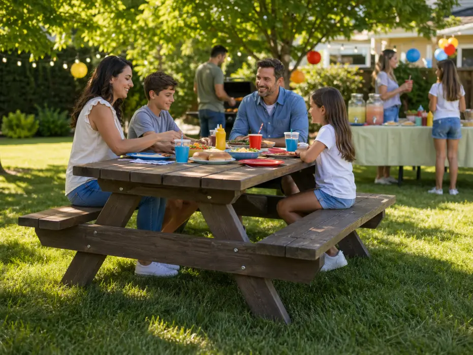 Picnic table rental from Lollipop Event Rentals at a family barbecue in Folsom, CA