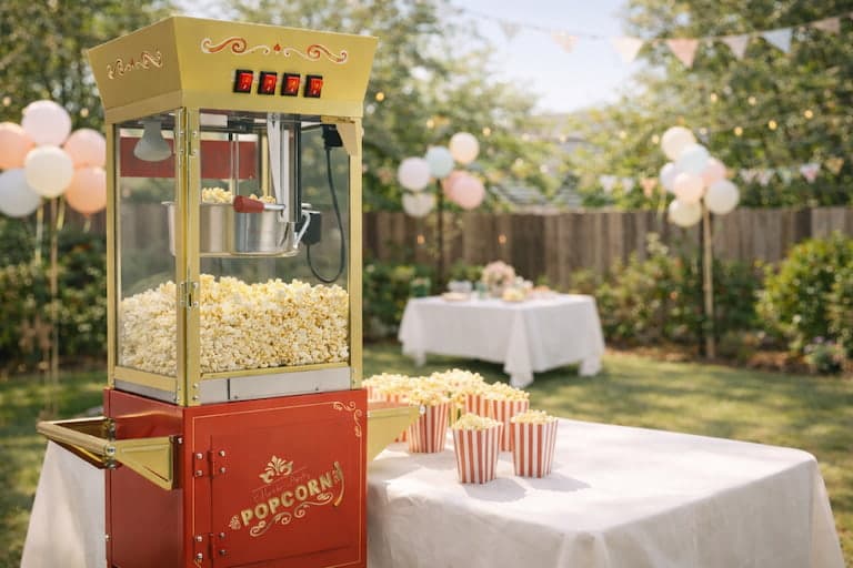 Popcorn machine rental from Lollipop Event Rentals set up at a backyard party in Roseville, CA