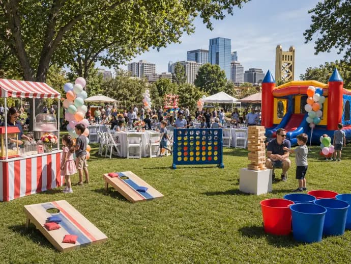 Party equipment rental setup at a Sacramento park event