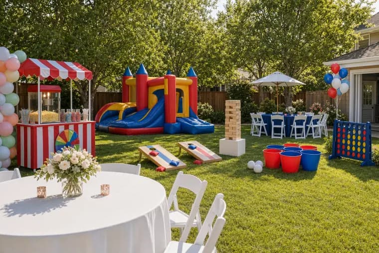 Lollipop Event Rentals party setup with concession machines and yard games at an outdoor event in the Sacramento area