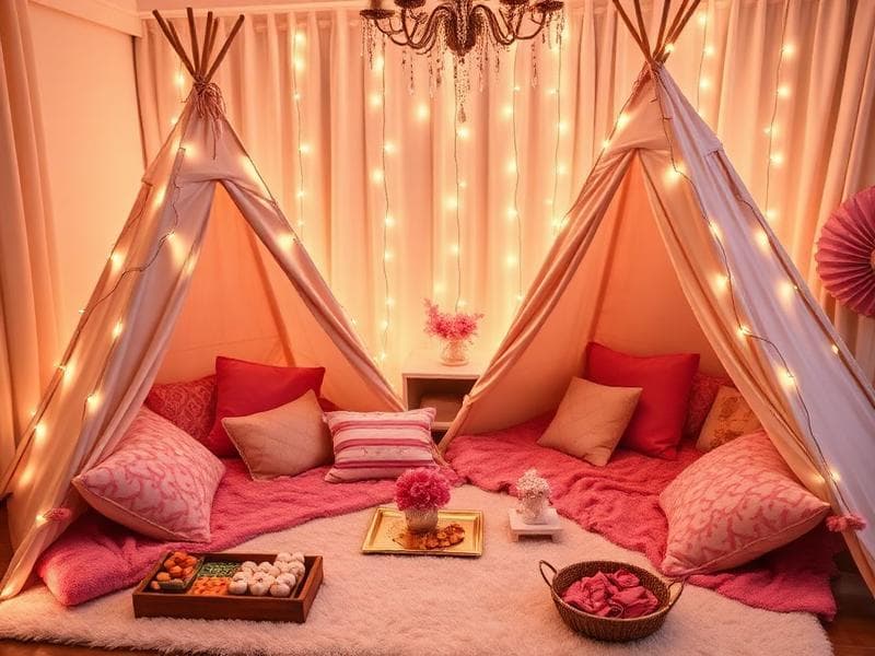 Sleepover tent party setup with fairy lights and cozy bedding from Lollipop Event Rentals in Roseville, CA