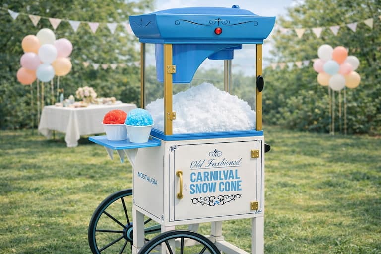 Snow cone machine rental from Lollipop Event Rentals with colorful snow cones at a summer party in Sacramento