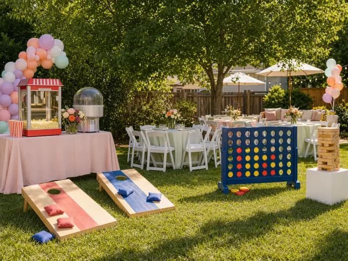 Styled party setup with concession machines and yard games from Lollipop Event Rentals