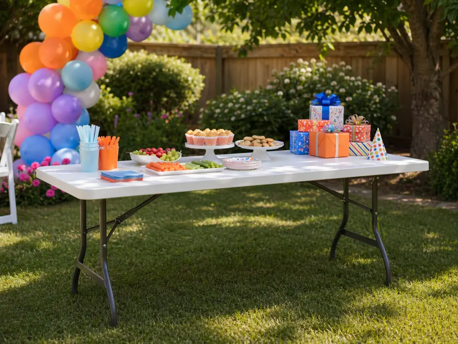 Table rental from Lollipop Event Rentals set up at an outdoor birthday party in Folsom, CA