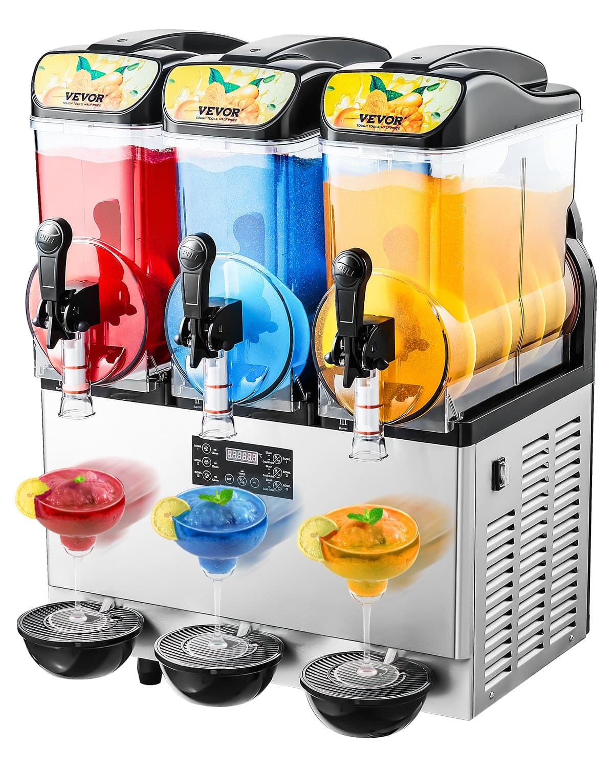 VEVOR three-tank slushie machine with colorful frozen drinks for a Roseville event